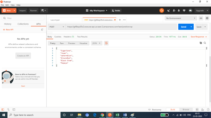 Crop Prediction Results through Postman